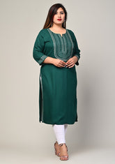 Plus Size Green Cotton Blend Embroidered Straight Kurta-246